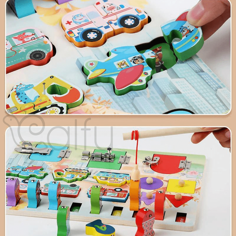 Tablero Madera 3 en 1 (Cerraduras + Encaje + Pesca) para bebé y niños