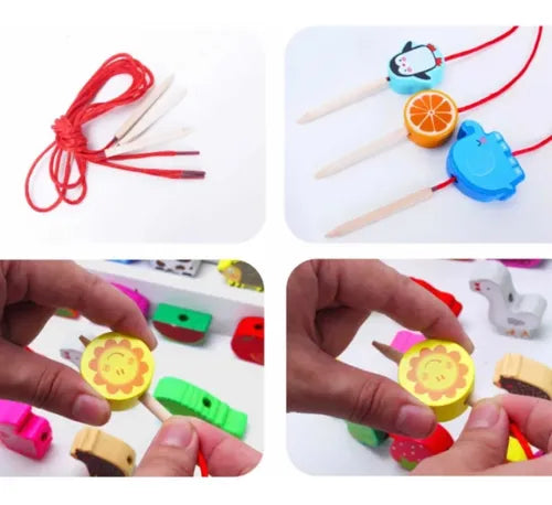 Set enhebrado animales y frutas de madera