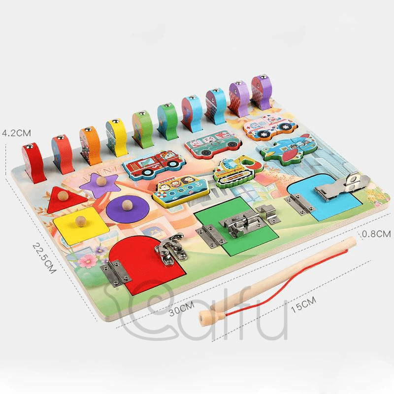 Tablero Madera 3 en 1 (Cerraduras + Encaje + Pesca) para bebé y niños