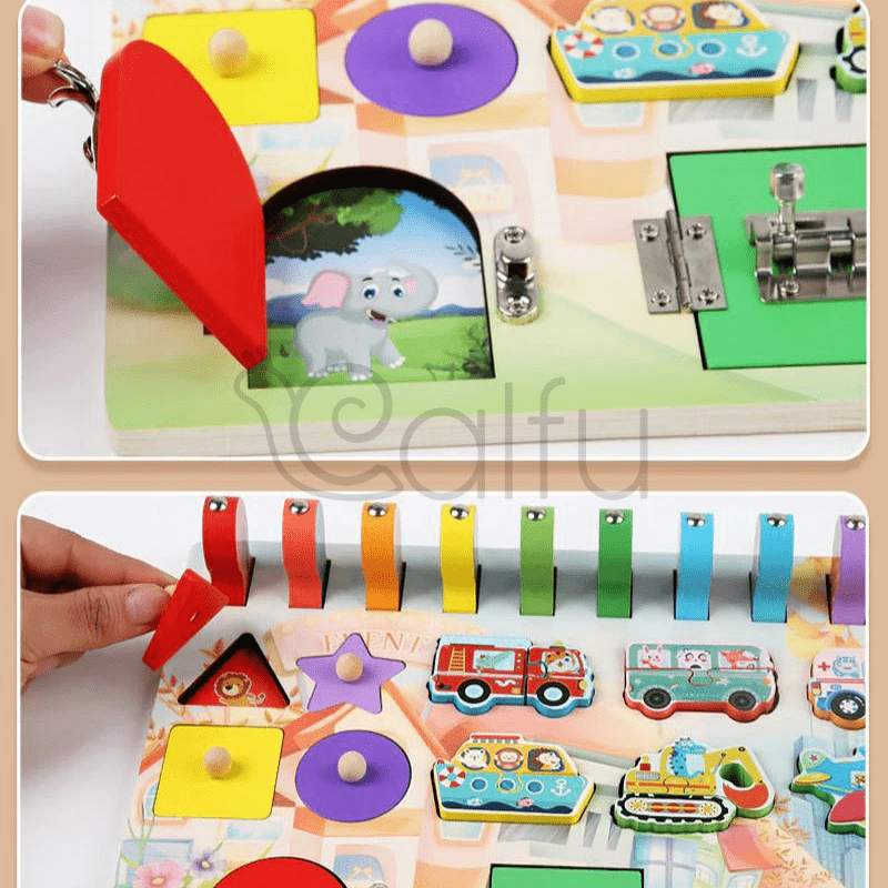 Tablero Madera 3 en 1 (Cerraduras + Encaje + Pesca) para bebé y niños