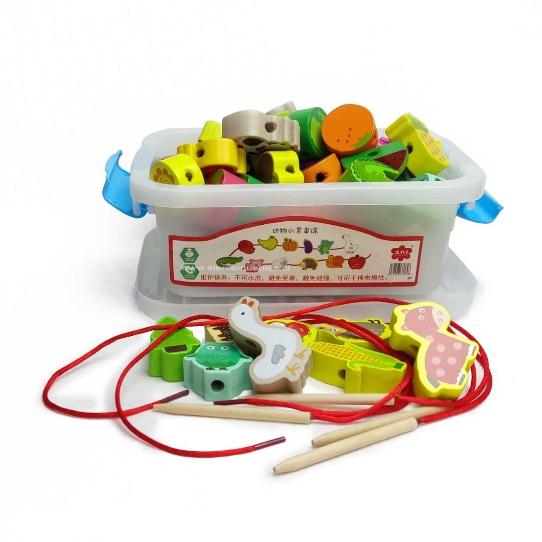 Set enhebrado animales y frutas de madera