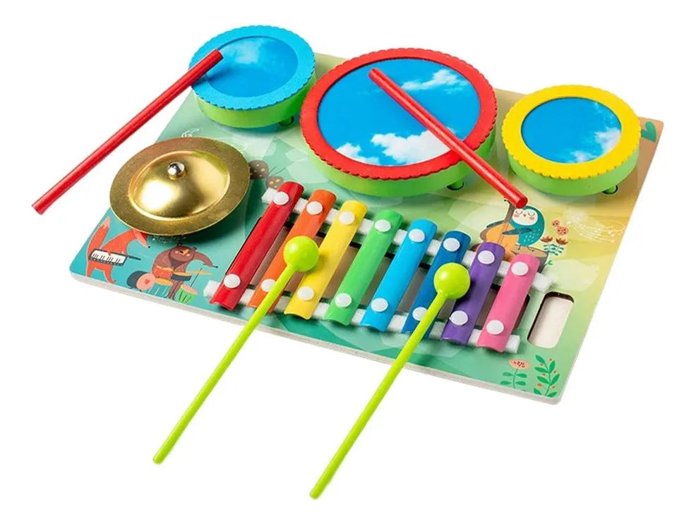 Tablero Musical 3 en 1: tambor xilofono y platillo.
