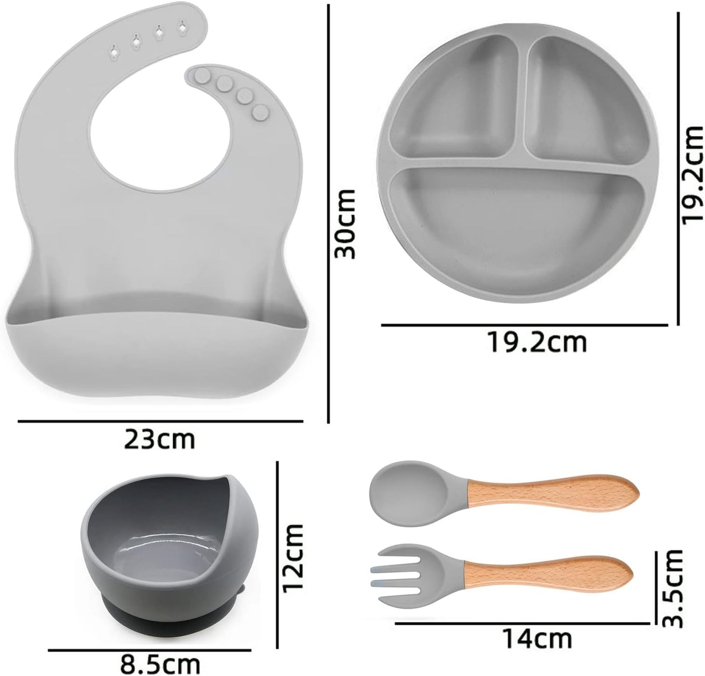 Pack Alimentación Gris (Bowl + Babero + Cuchara +Tenedor+Plato)