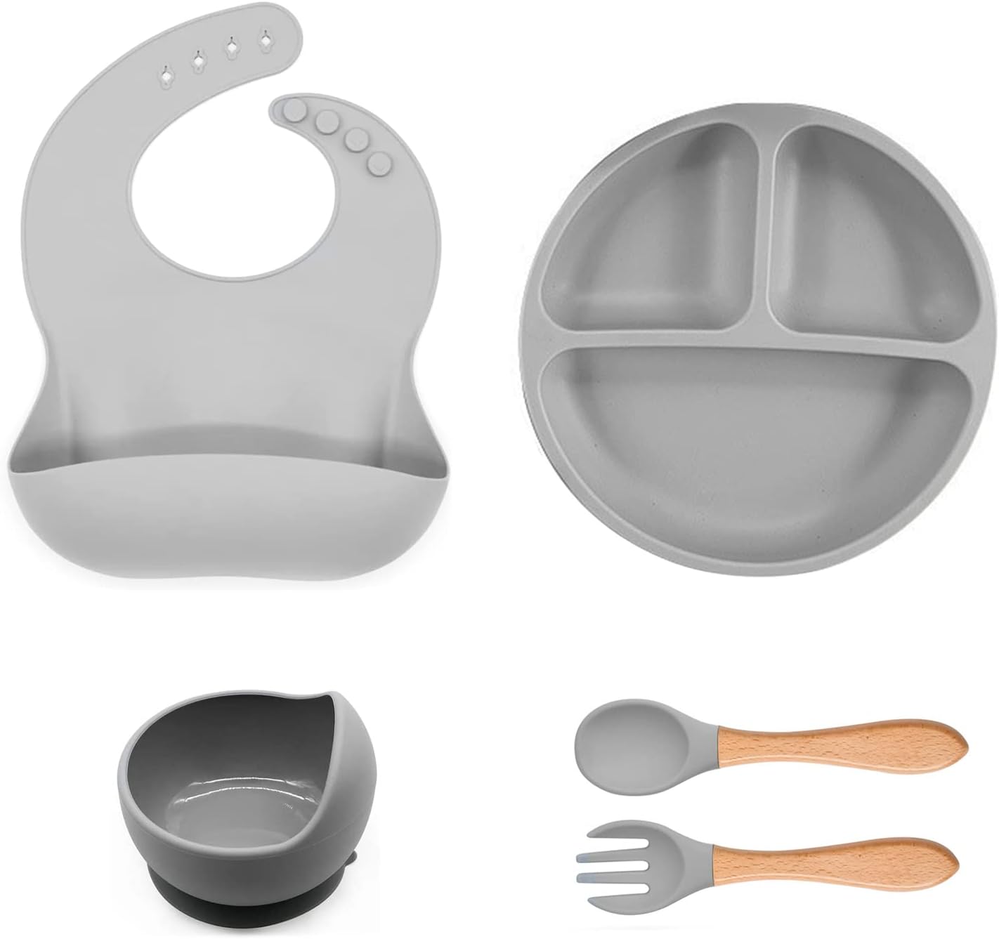 Pack Alimentación Gris (Bowl + Babero + Cuchara +Tenedor+Plato)