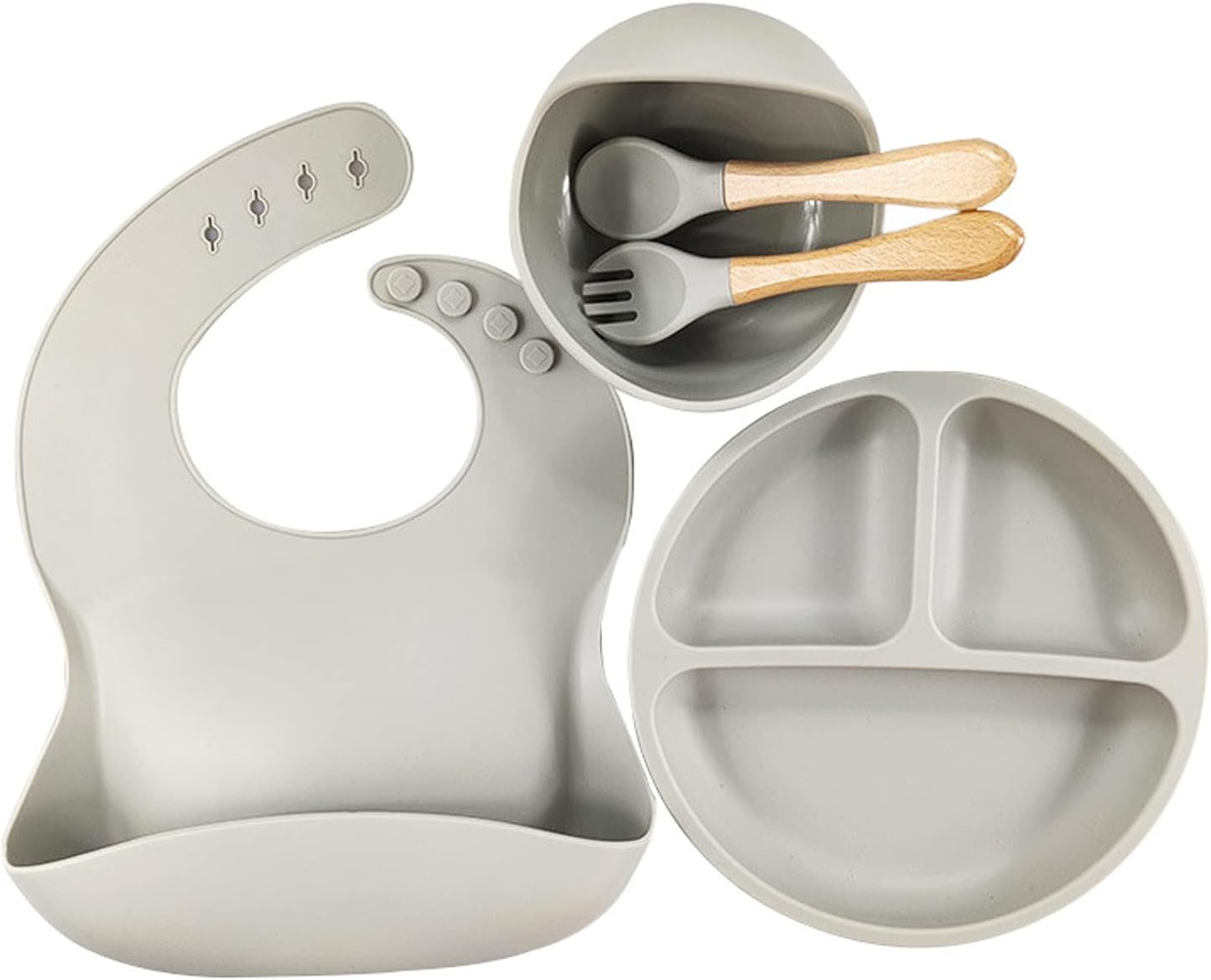 Pack Alimentación Gris (Bowl + Babero + Cuchara +Tenedor+Plato)